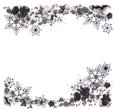 Greeting cards with ink snowflakes and frosty pattern. Hand-painted illustration