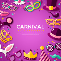 Frame with Carnival Masks on Purple Background
