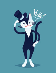 Cute smiling cat gentleman with cylinder hat.