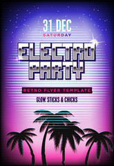 Electro party poster. Retro 80s neon background. Disco flyer template. Vertical format. Tv glitch effect.