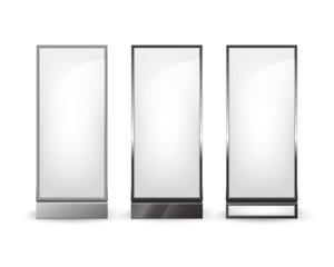 Vector Set of Black White Rectangular Poster Stands Pillars for Indoor Advertising Front View Isolated on Background