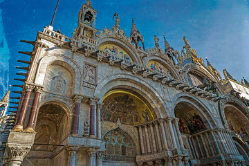 Fototapeta na wymiar Old postcard with fisheye view at Cathedral of San Marco