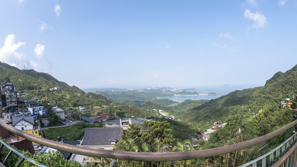 Mountain landscape at Jiufen, Taipei city, Taiwan with fish eye