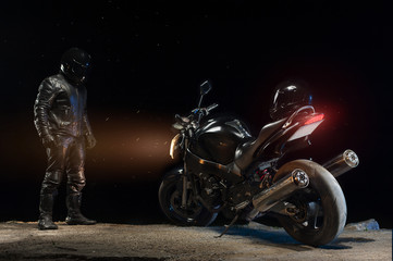 Man in leather outfit and helmet next to bike