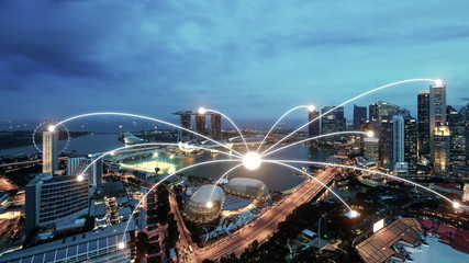 Network business connection system on Singapore smart city. - obrazy, fototapety, plakaty