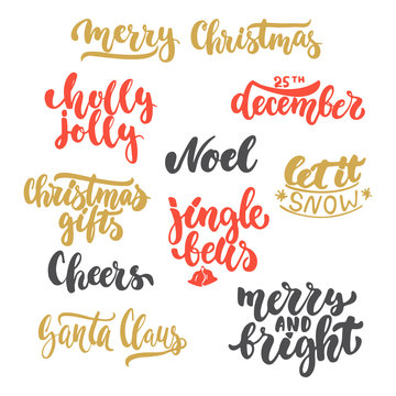 Lettering Christmas and New Year holiday calligraphy phrases photo overlays set isolated on the white background. Fun brush ink typography for illustrations, t-shirt print, poster design.