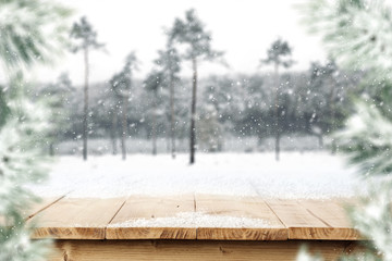 wooden desk and snow space 
