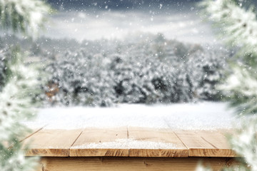 wooden desk and snow space 