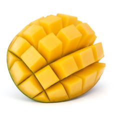 Sliced mango cubes isolated on white background