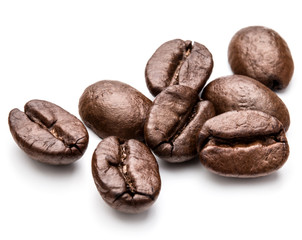 roasted coffee beans isolated in white background cutout