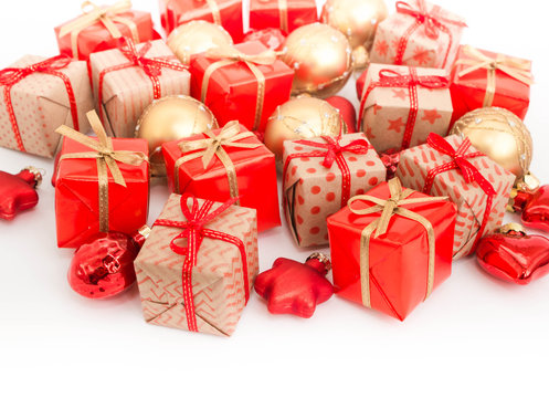 Christmas or New Year background: gifts, colored glass balls, decoration on white background