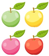 Set Of Red, Yellow, Pink And Green Apple Fruits With  Leaves. Vector illustration.