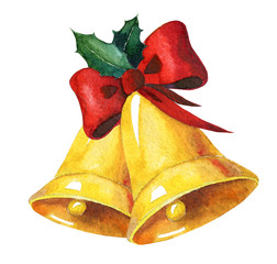 Golden watercolor christmas bells with red ribbon and holly on white background