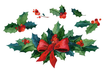 Watercolor Christmas set. Red bow and holly on white background. May be used for card or wrapping paper decoration.