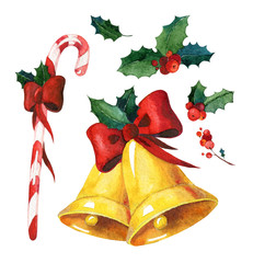 Watercolor Christmas set. Candy cane, golden bells with red bow and holly on white background. May be used for card or wrapping paper decoration.