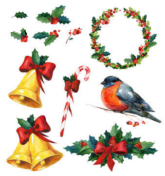 Christmas watercolor set with holly, red winter bird bullfinch,wreath, golden bells and candy cane. Can be used for wrapping paper or card design.