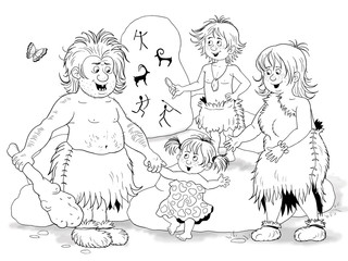History of family, history of clothes. Fashion in different centuries. Family of cave people. Cute father, mother, daughter and son. Illustration for children. Coloring book. Coloring pages. Cartoon