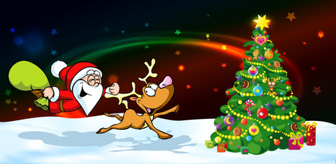 magic christmas eve banner - funny vector illustration of santa with reindeer distributes gifts