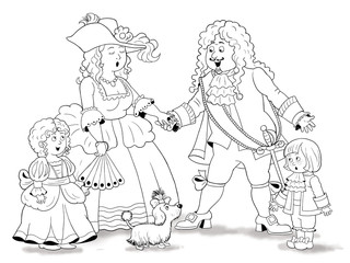 Fototapeta na wymiar History of family. History of fashion. European family in Middle Ages. Mother, father, daughter and son with their dog. Illustration for children. Coloring book. Coloring page. Cartoon characters