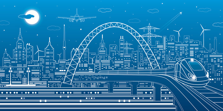 Industrial and transportation illustration, train rides on the bridge, urban skyline, white lines landscape on blue background, night city, airplane fly, vector design art