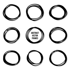 Doodle, abstract scribble round shape design elements set, collection. Hand drawn frames with shadow isolated on white background.