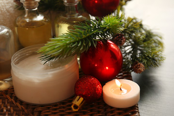 Fototapeta na wymiar Spa treatment with Christmas decorations