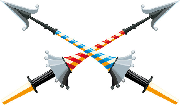 Crossed tournament spear with an iron hilt with bright color strips on white background. 