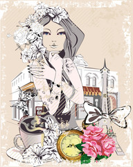 Background with a girl, flowers, the Eiffel tower, a cup of coffee, roses and a street cafe. Hand drawn vector illustration. 
