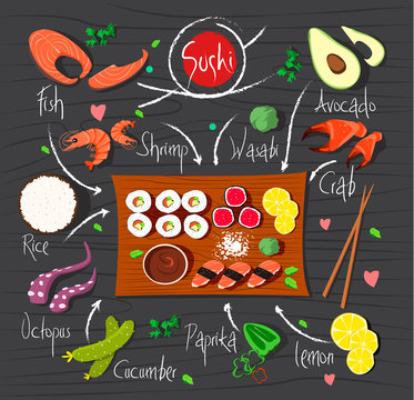 Sushi table. Seafood rolls with many ingredients