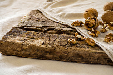 Walnuts on the table. A rustic style.