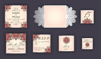 Vintage wedding invitation design set include Invitation card, Save the date, RSVP card, Thank you card, Table number, Place cards, Paper lace envelope. Wedding invitation mock-up for laser cutting