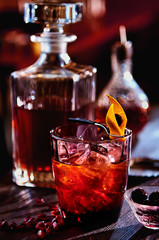 Alcoholic cocktail with rum, pomegranate and grenadine