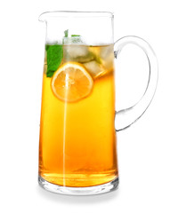 Glass jug of iced tea with lemon slices and mint on white background