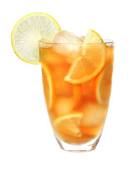 Glass of iced tea with lemon slices on white background