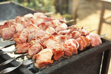 Fresh tasty barbecue frying in brazier outdoors