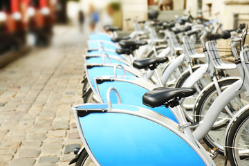 Parking place of bicycles for rent outdoors