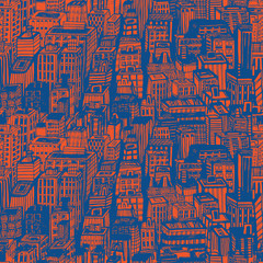 Obraz premium Hand drawn seamless pattern with big city New York. Vector vintage illustration with NYC architecture, skyscrapers, megapolis, buildings, downtown.
