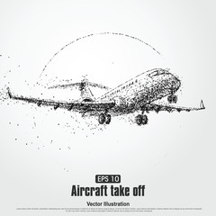 Aircraft take off,particle divergent composition, vector illustration.