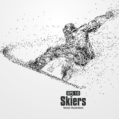 Skiers,particle divergent composition, vector illustration.