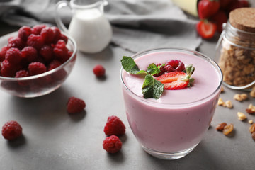 Glass of berry milk shake, closeup