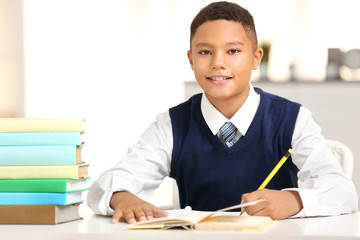Cute boy at lesson in school