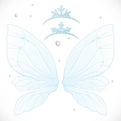 Fairy blue winter wings with snow tiaras bundled isolated on a w