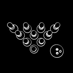 Bowling pins and bowling ball.Top view.Vector outline illustrati