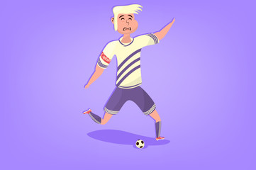 Fototapeta na wymiar Comic soccer player with ball in flat. Cartoon picture