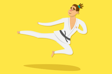 Fototapeta na wymiar Cartoon karate man wearing kimono training. comic character on yellow background. Flat design