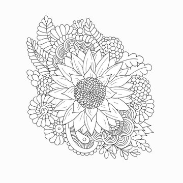 Doodle pattern with black and white sunflower