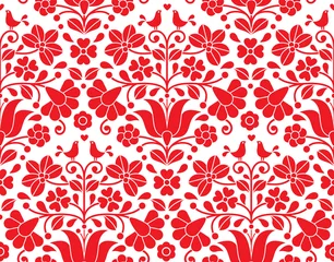 Behang Rood Kalocsai rood bloemenborduurwerk naadloos patroon - Hongaarse volkskunstachtergrond