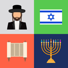 Jewish and judaism symbols. Hope prayer and flag, candles and torah vector signs