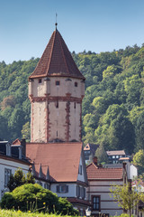 Pointed Tower with surrounding houses, seen from the bank of the Main River