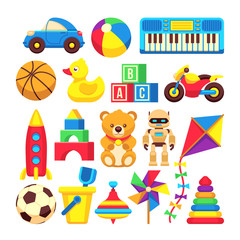 Cartoon children toys vector icons isolated on white